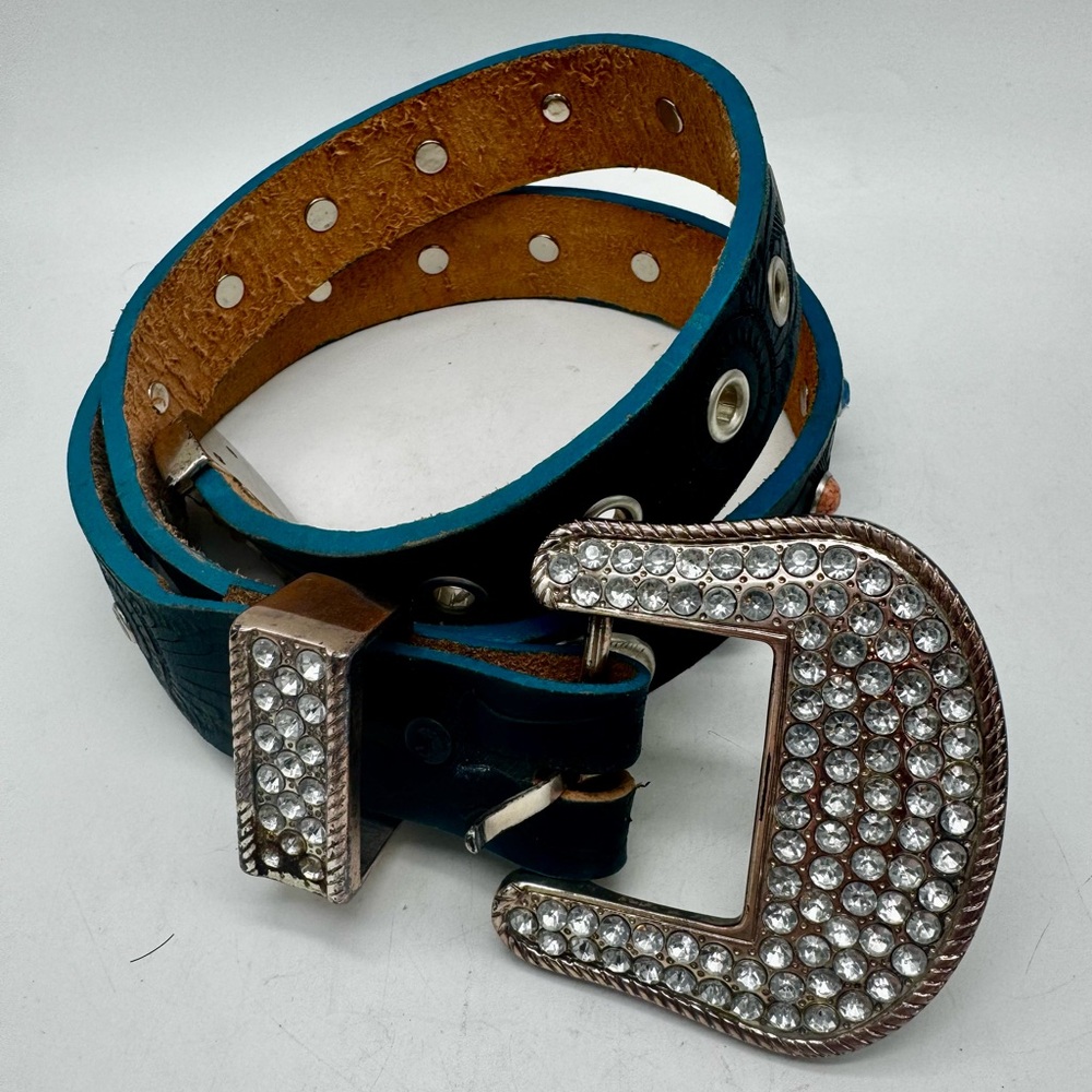 Crystal-Studded Turquoise Leather Belt